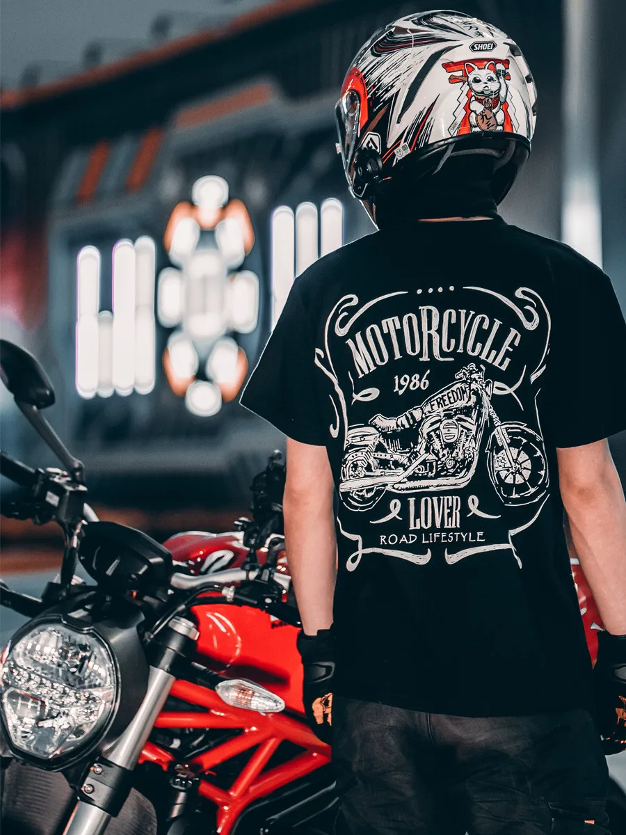

Heavy American Retro Crew Neck Short-sleeved T-shirt Trendy Locomotive Print Young Men's Half-sleeved T-shirt