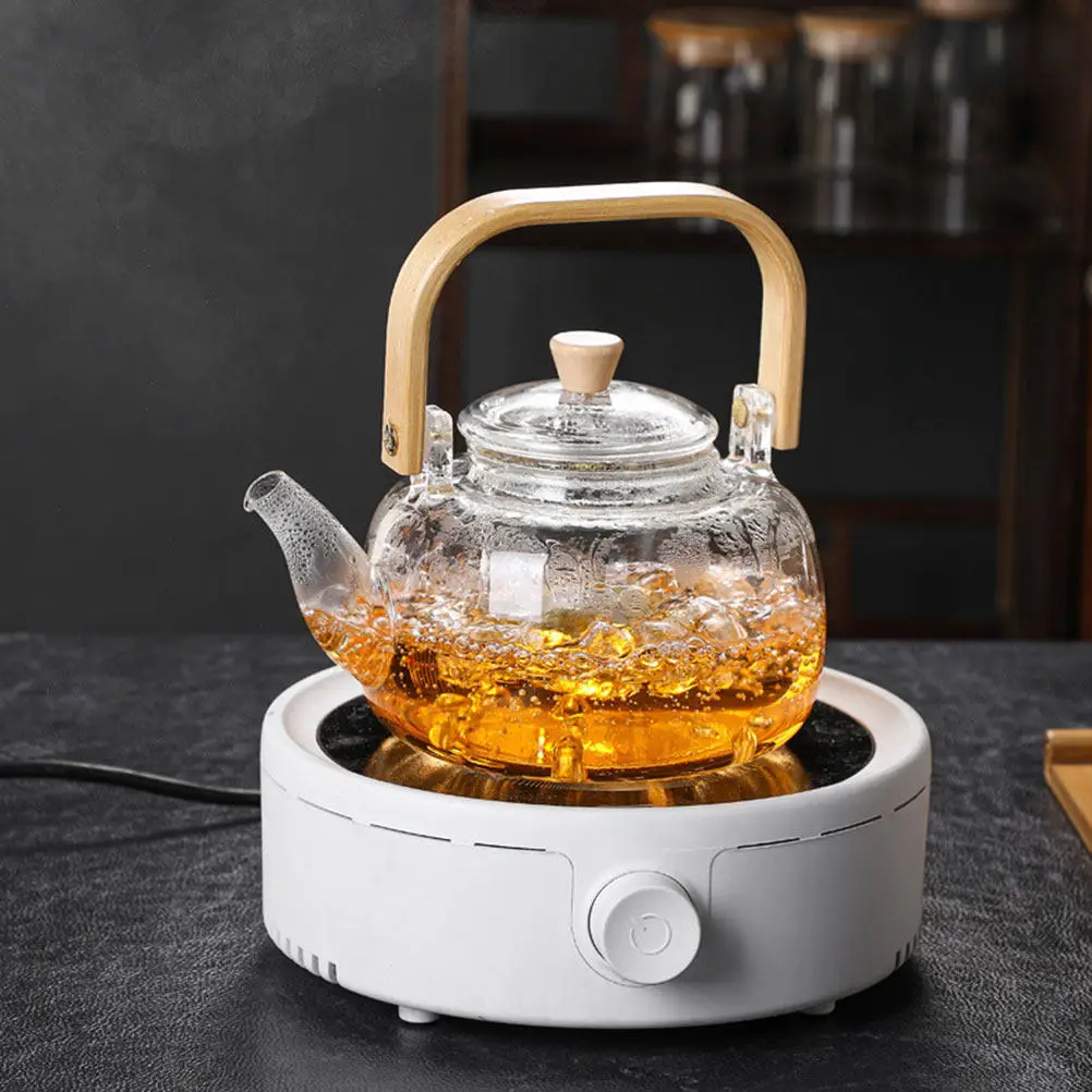 

Чайник из боросиликатного стекла с деревянной ручкой и металлическим основанием для горячего чая, кофе, глинтвейна, для домашнего использования и вечеринок, прозрачный, термостойкий