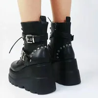 New Women's Pu Leather Ankle Boots Women Autumn Winter Round Toe Lace Up Shoes Woman Motorcycle Platform Botas Gothic Shoes - Image 4