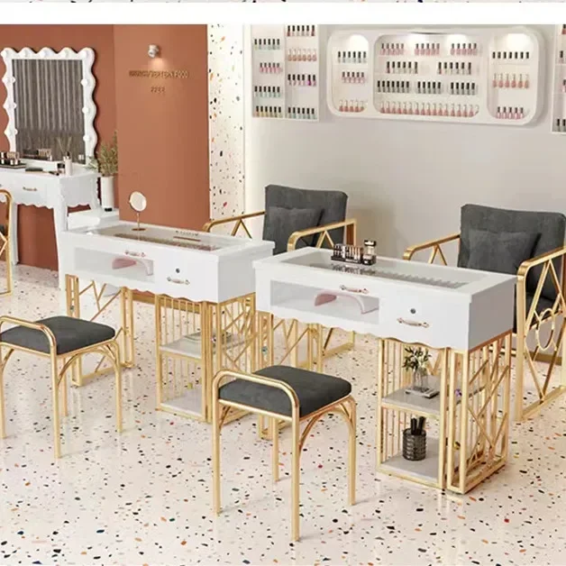 

Factory Beauty Salon Furniture glass top metal frame nail station manicure nail table With chairs