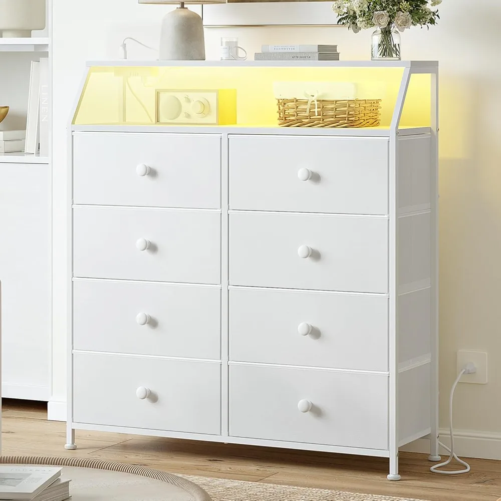 

Dresser for Bedroom with Charging Station and LED Lights, White Tall Chest of Drawers with Shelf, 2Pcs Wooden Top, Large Storage