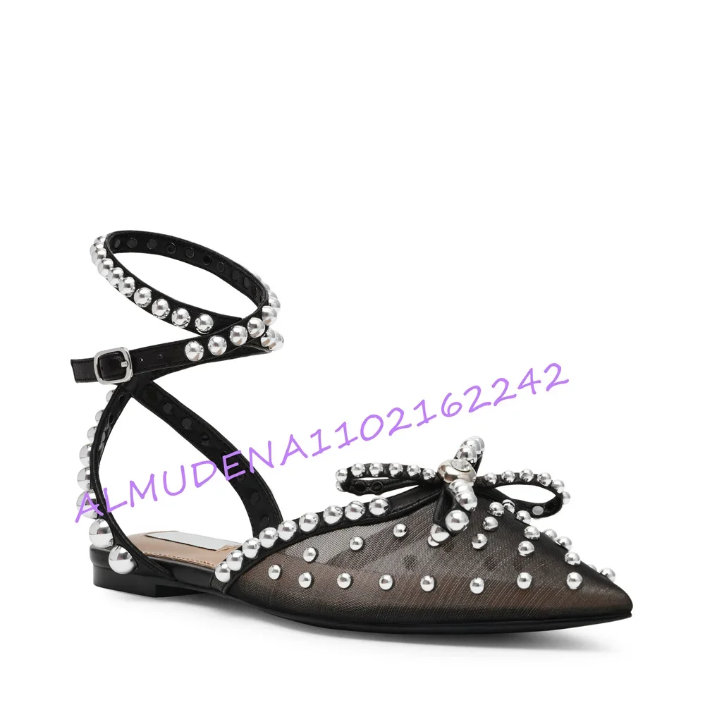 Women'S Black Mesh Pearl Flat Shoes Pointed Toe Bowknot Ballet Flats Adjustable Ankle Strap Breathable Party Wedding Footwear 46