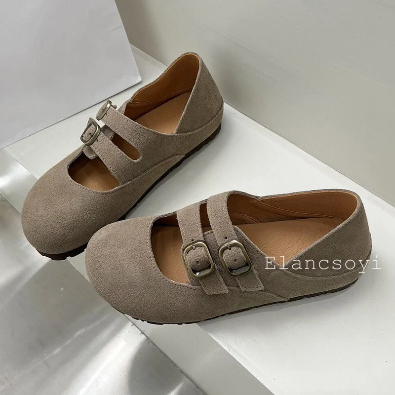 Zapatos planos Retro de gamuza de vaca con punta redonda para mujer, zapatos informales con hebilla de cinturón de fondo grueso, zapatos individuales para caminar a diario, primavera y otoño