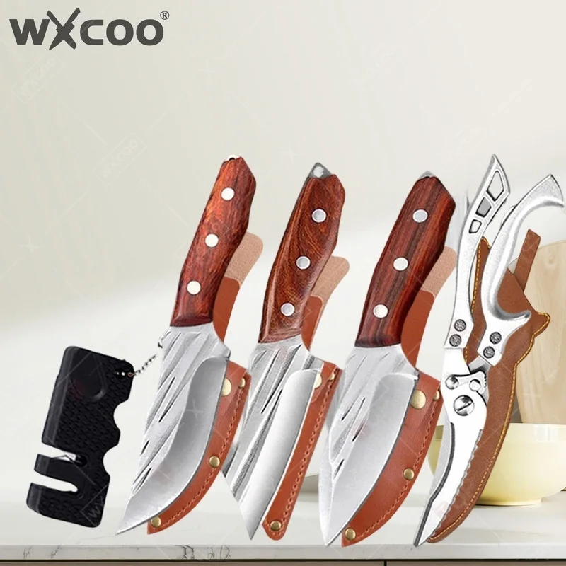 WXCOO Wooden Handle Forged Butcher Knife Set 1~6PCS Stainless Steel Cutting Board BBQ Knife Household Knife Kitchen