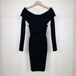 Luxury Quality Autumn Winter Black Sexy Cross Shoulder Long Sleeve Short Knit Dress For Women Pencil Knitwear Knitting Dresses
