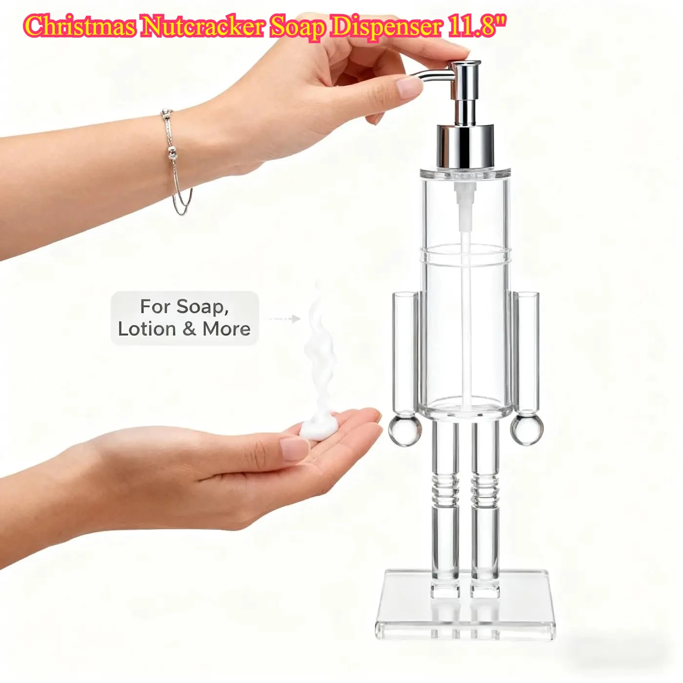

Christmas Nutcracker Soap Dispenser 11.8" - Acrylic Clear Refillable Hand Pump Lotion Container Bathroom