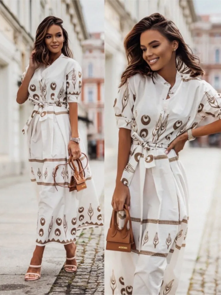 Spring Autumn Women\'s New Short Sleeve Fashion Positioning Flower Linen Lace Belt Mid Length Shirt Ankle Casual Dress