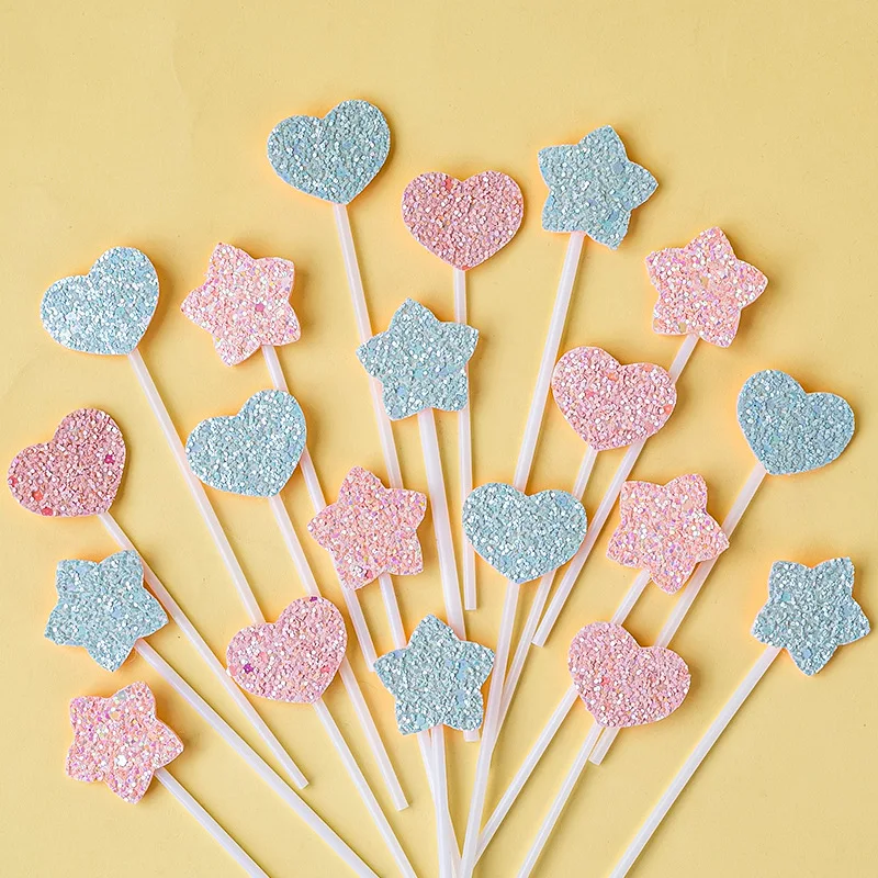 Dreamy Pinkish-blue Five-pointed Star Heart-shaped Cake Decoration Gradient Bright Heart-shaped Crown Star Dessert Plugin