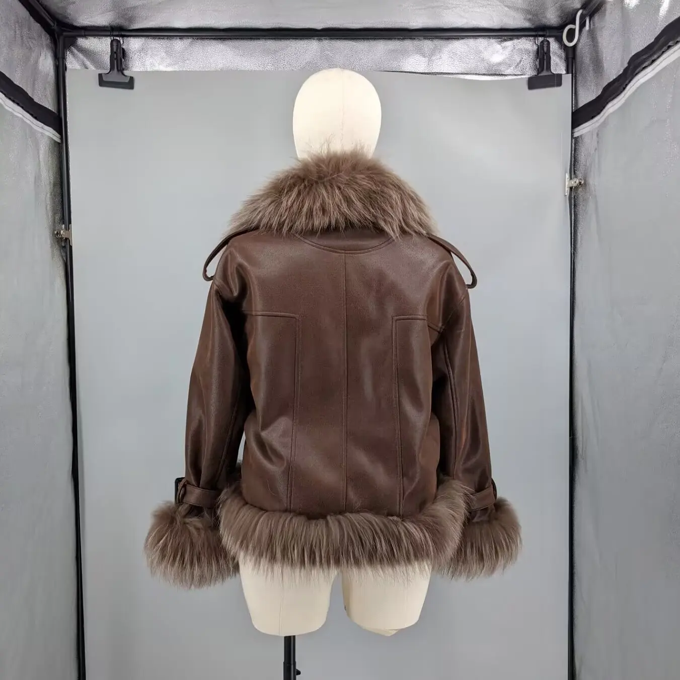 Women Brown Beige Suede Fabric Long Moto Down Coat Real Raccoon Fur Collar Front Hem Zip Pocket Warm Winter Spliced 24A1168