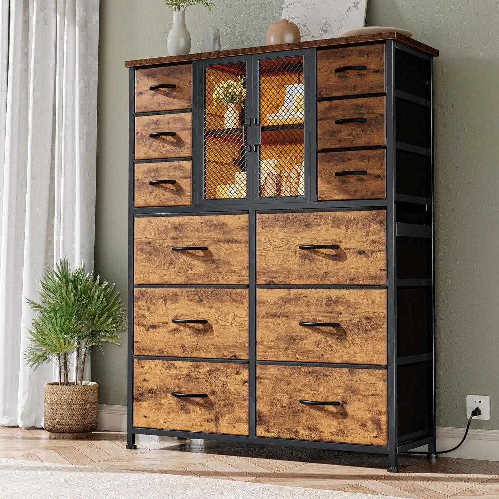 

Tall Dresser with 12 Fabric Drawers Sturdy Dresser for Bedroom with Charging Station & LED Lights & Mesh Door,
