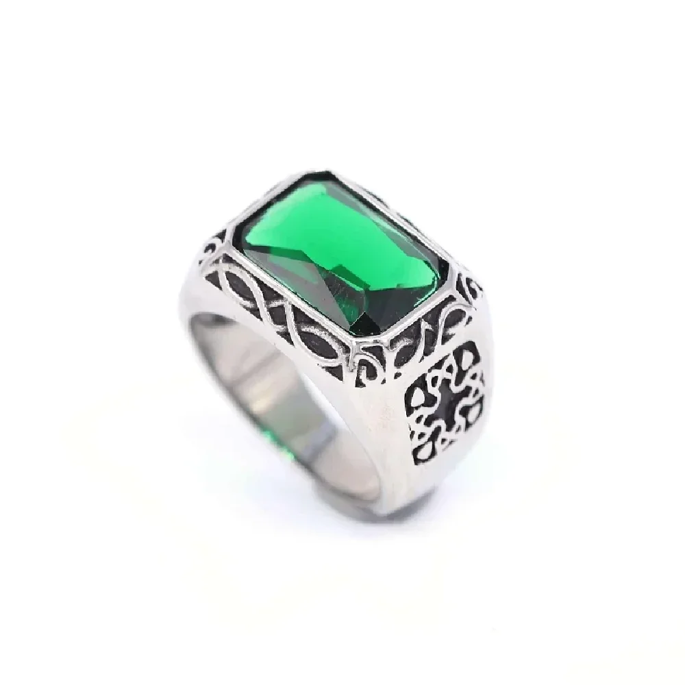 

Men Stainless Steel Emerald Cutgem Ring Carving Unisex Couple Fashion Carved Titanium Steel Turquoise Ring Party Jewelry Gifts