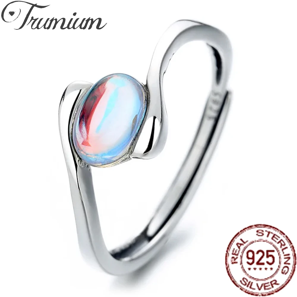 

Trumium Real 925 Silver Ring with Natural Moonstone Fine Gemstone Rings for Women Party Wedding Engagement Gifts Open Anillos