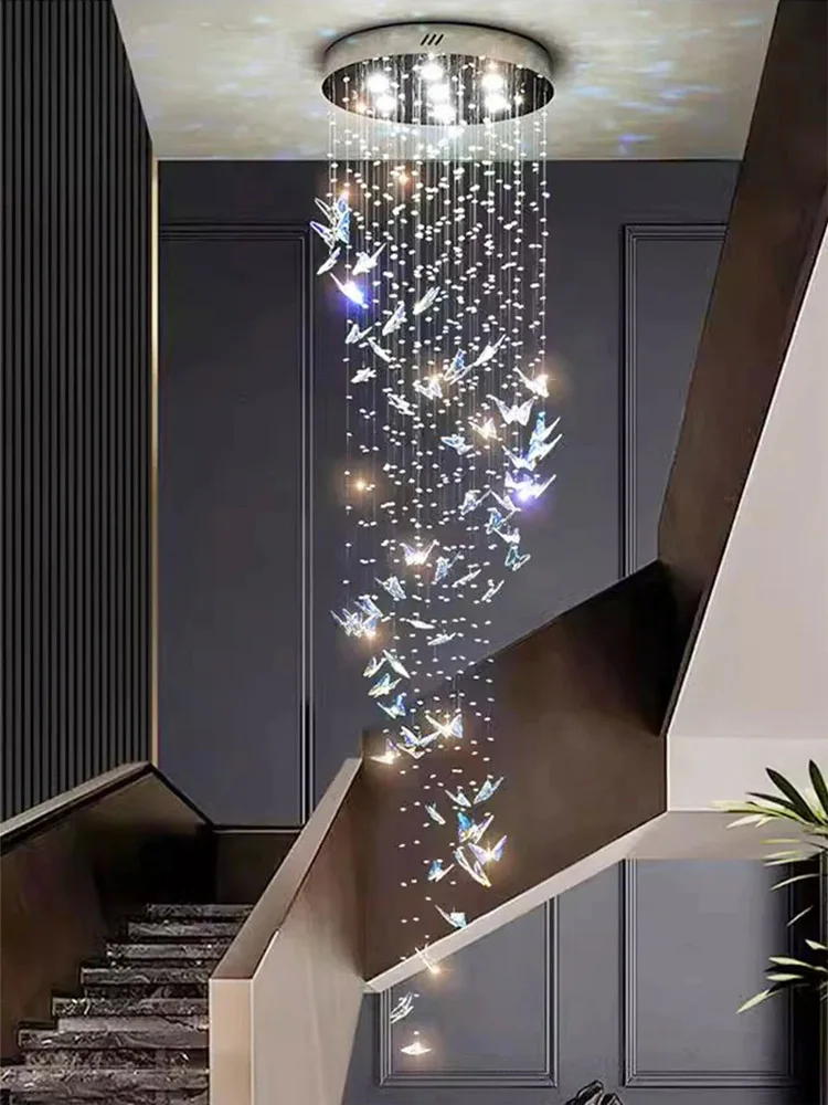 

2025 Hotel Lobby Attic Butterfly Crystal Multi Head Long Chandelier Living Room Interior Decoration K9 Crystal Staircase Light