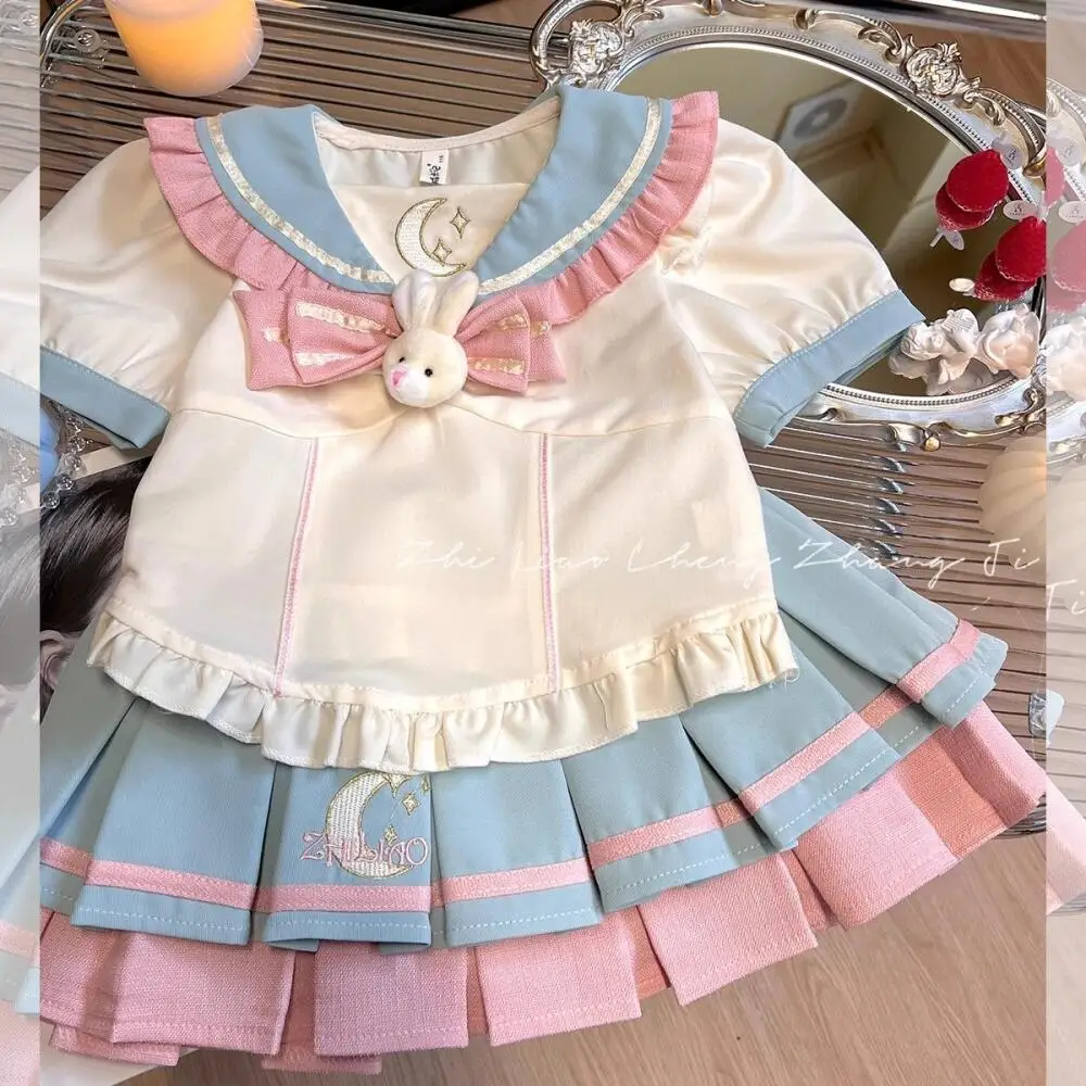 

Комплект из двух предметов: юбка и топ с коротким рукавом в стиле преппи для девочек, японская школьная форма JK, милый летний наряд в стиле принцессы, детская одежда