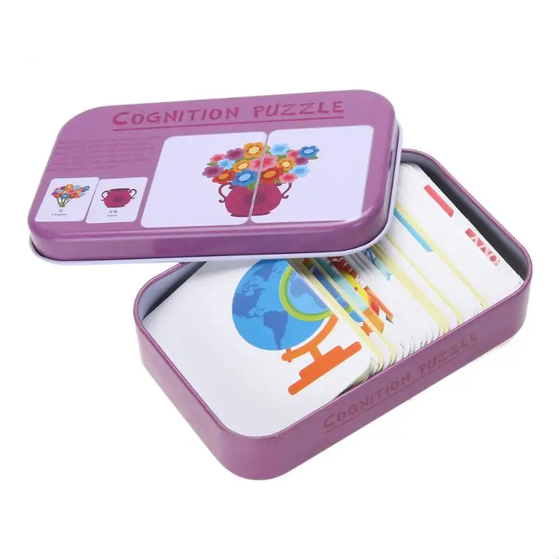 Puzzle cognitivo per bambini Giocattoli per bambini Scatola di ferro Carte Gioco di abbinamento Carta cognitiva Auto Frutta Vita animale Puzzle