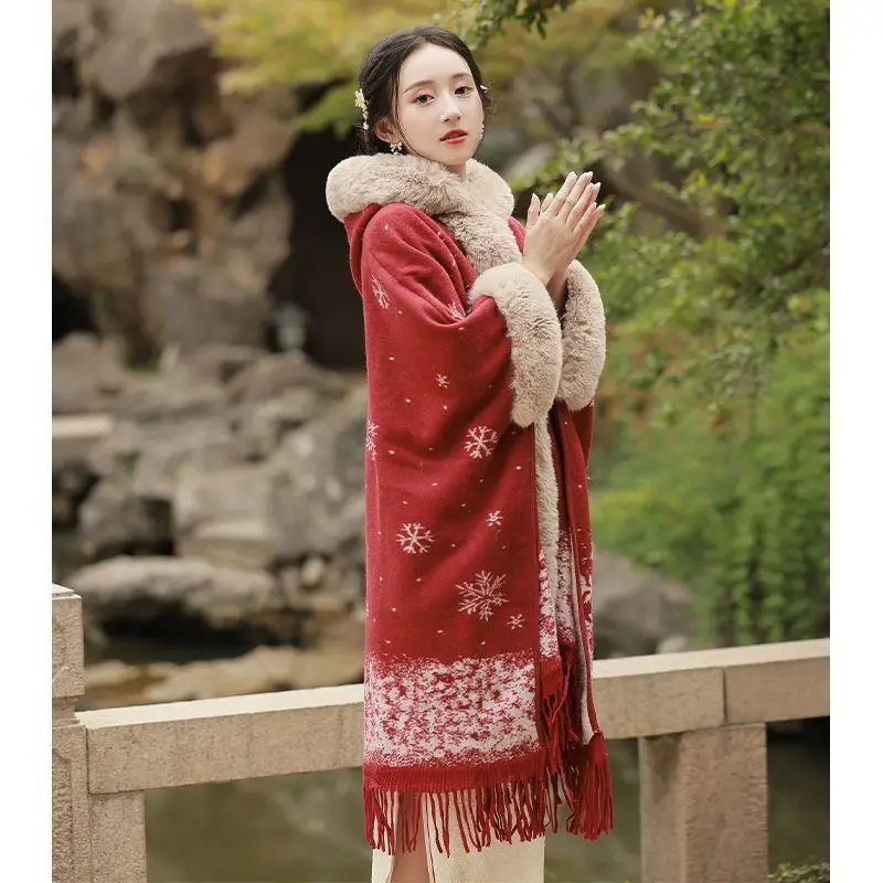 

Autumn Winter Tassel Printing Cape Poncho Hooded Keep Warm Women Fashion Cloak Shawl Pullovers Female New Casual Jumper E2629