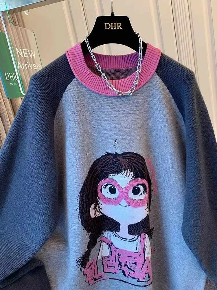 Retro Cartoon Girl Color Block Knitwear Loose Women's Fashionable Autumn Winter Sweater Jacket Polyester Long Sleeve Commute ...