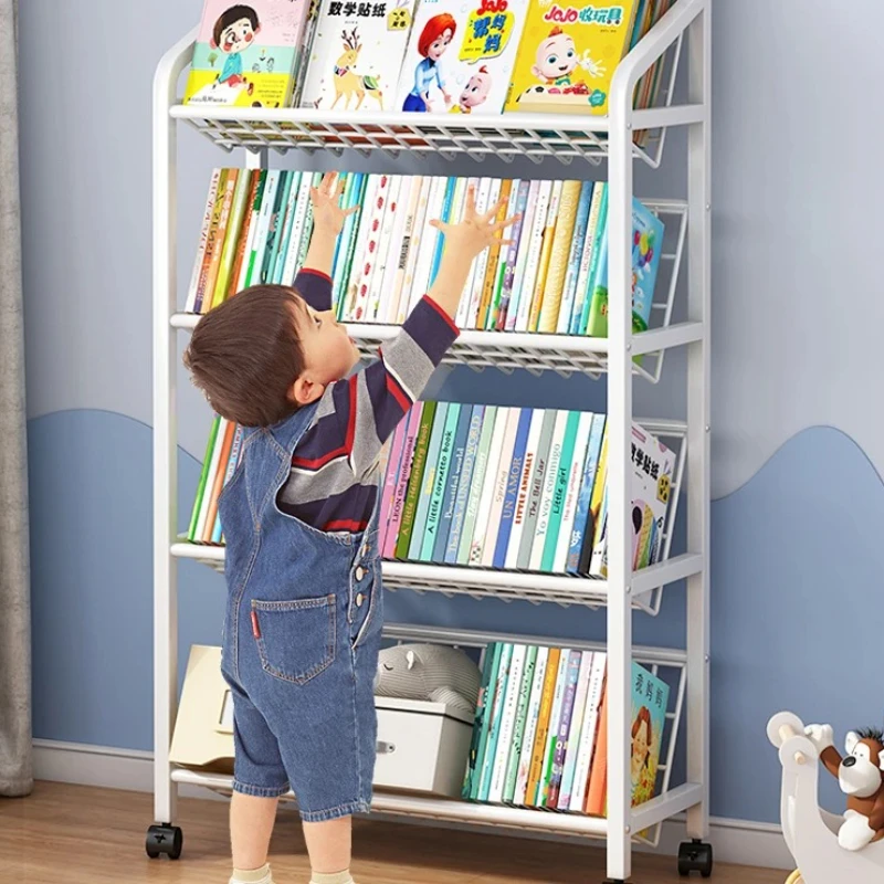 Living Room Magazine Iron Bookcase Floor Standing Multi-Layer Bookshelf Movable Storage Organizer Wheels Books Toys Furniture
