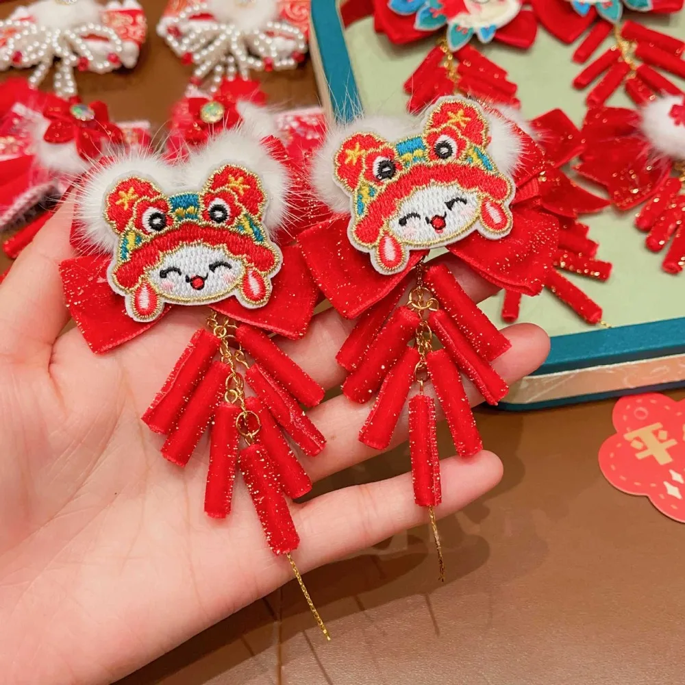 Sweet Lion Children's Chinese Hairpin Bow Flower New Year Barrettes Tang Suit Plush Ball Ancient Style Hair Clip Party