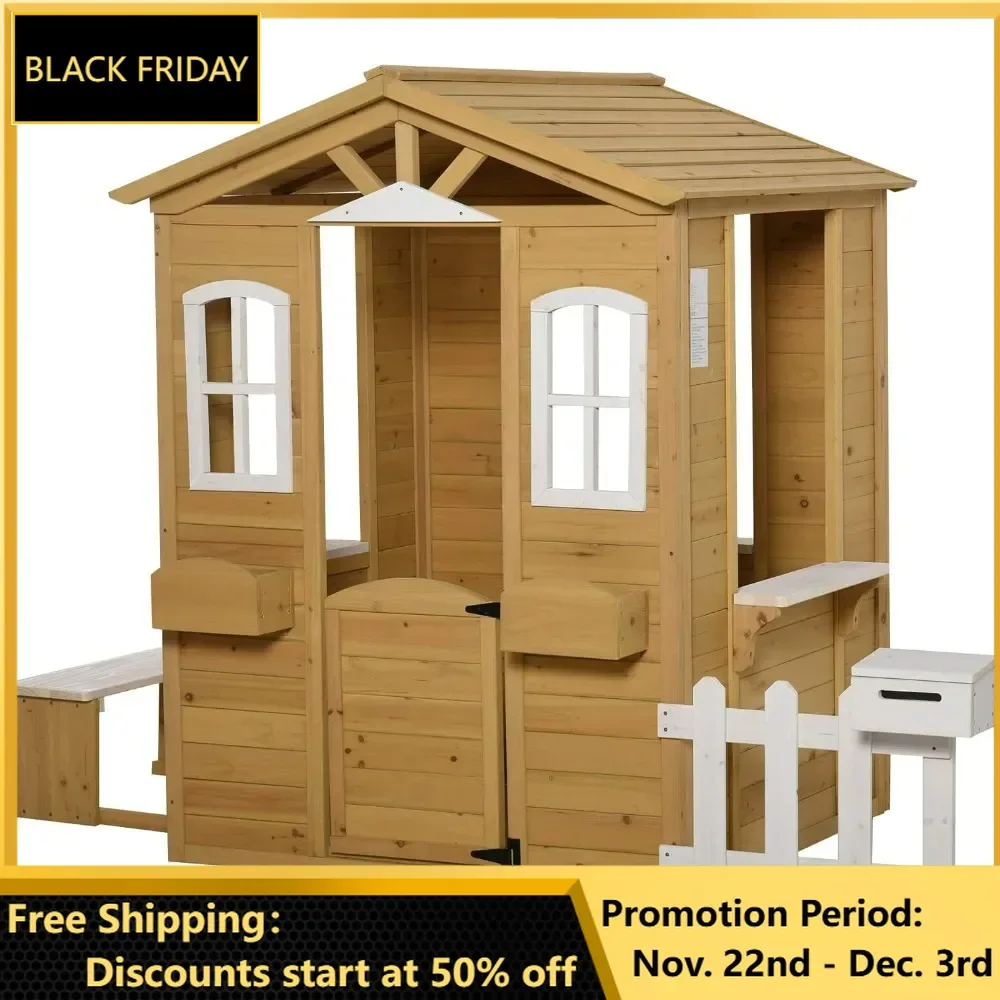 

Outdoor Playhouse for Kids Wooden Cottage with Working Doors Windows & Mailbox, Pretend Play House for Age 3-6 Years, Playhouses