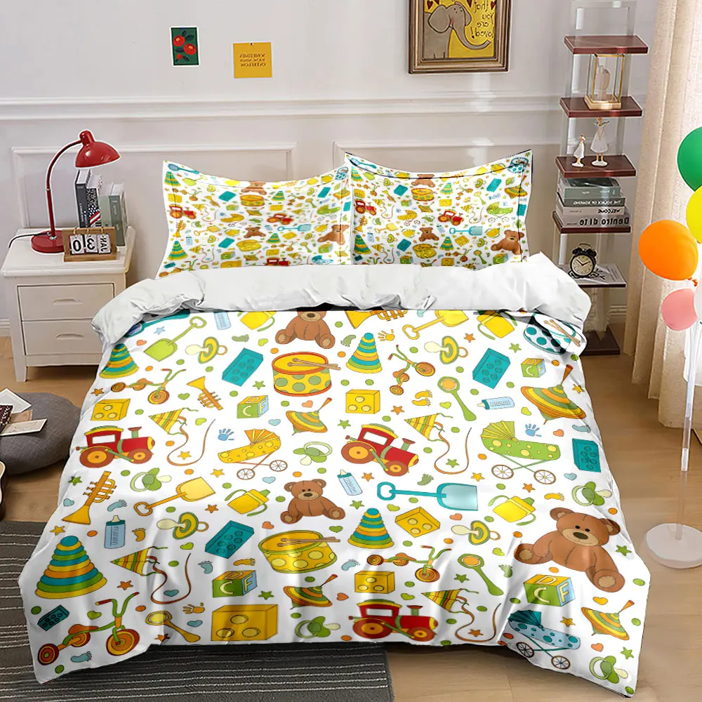 3Pcs Colorful Baby Toy Doodle Bedding Set, Kids Nursery Repeat Print Duvet Cover 2 Pillowcases Single Double King Queen, Gift