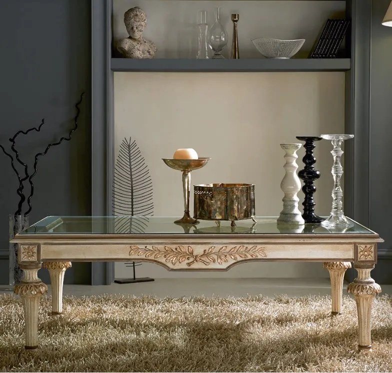 French solid wood carving coffee table handmade painting art sofa table old white retro wood complete coffee table