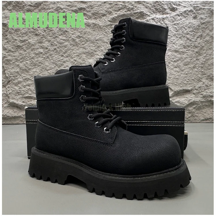 Men's Height Increasing Boots with British Style Fashionable Front Tie Design Thick Soled Motorcycle Workwear Short Boots - Image 4