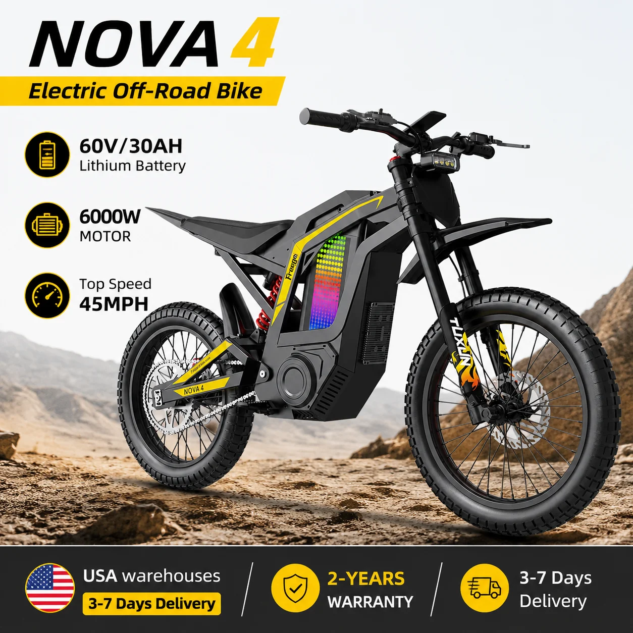 

Freego N4 Electric Dirt Bike 60V 30Ah Battery 6000W Mid-Drive Motor Top Speed 45MPH Electric Bike 6 Hours Fast Charging Ebike