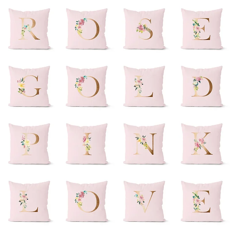 NEW Rose Gold Pink English Alphabet Cushion Cover Pink Floral Letters Pillowcase Livingroom Sofa Couch Bed Decorative Pillows