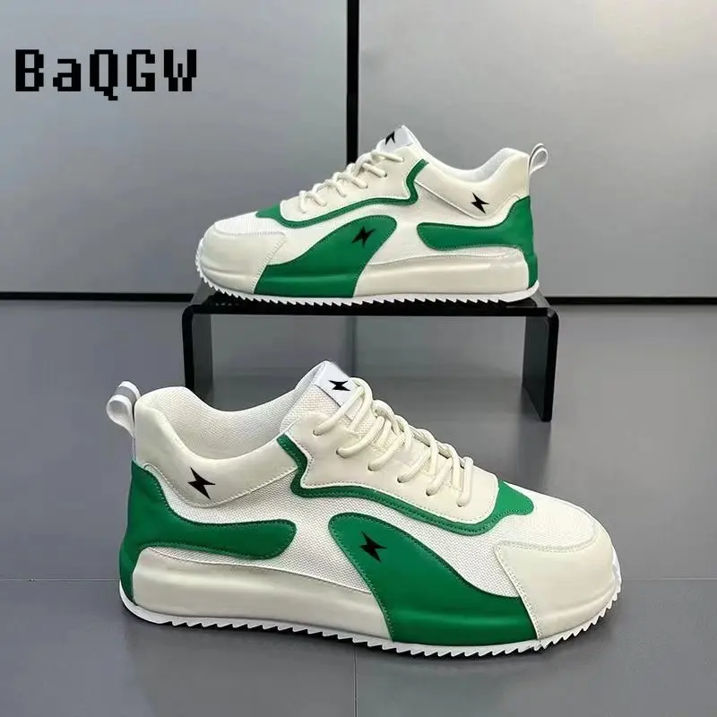 Kleur Blok Running Luxe Sneakers Mannen Casual Schoenen Mode Lederen Canvas Ademend Hoogte Verhoogd Platform Board Schoenen