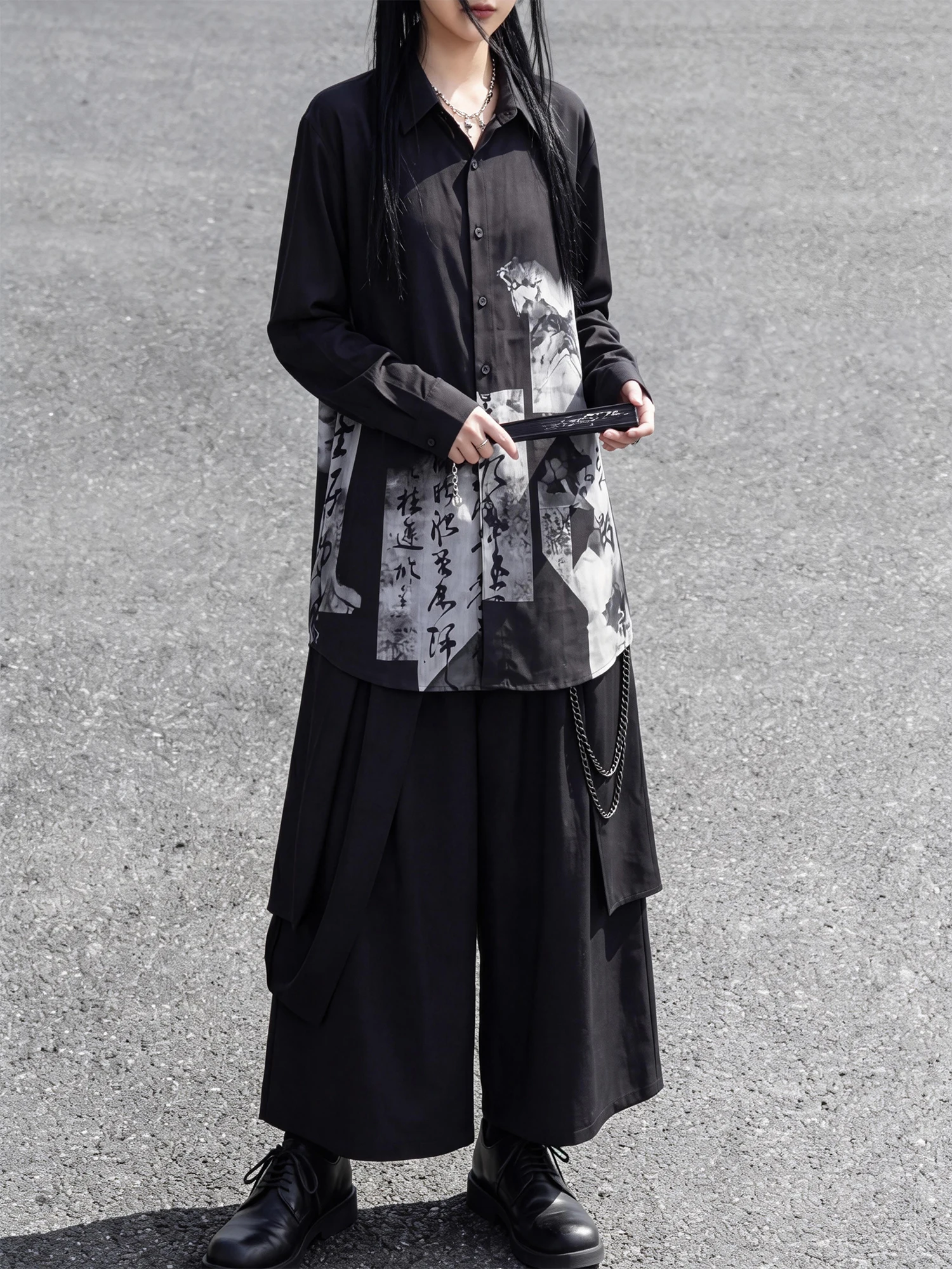 

Black Patchwork Text Shirt Women's Loose Fit Long Sleeve Casual Style Slimming Effect Straight Leg Pants Shoulder Padless