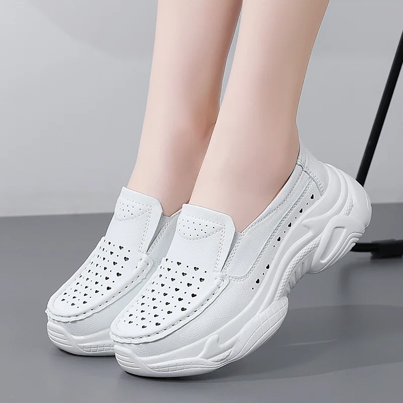 Summer Hollow-out Nurses' Shoes Women's Shoes Casual White Soft Leather Comfortable Thick-soled Work Shoes