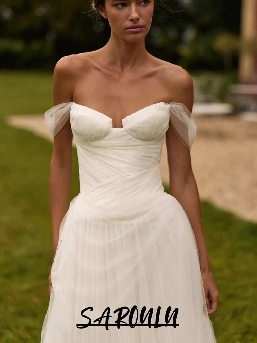 Dreamy Fairy-tale Off-the-shoulder Wedding Dress Lightweight Tulle Sleeves Flowy Train Sheer Bridal Gown For Outdoor Weddings