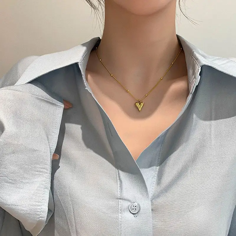 ANENJERY 316L Stainless Steel Colorful Heart Lucky Beads Necklace for Women Simple Ins Clavicle chain Jewelry Gifts Wholesale