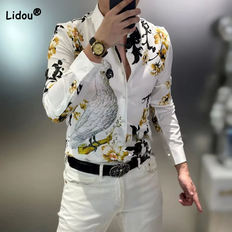 Camisa estampada floral de manga longa masculina, camisa com gola polo de um só peito, roupa casual masculina combina com tudo, nova moda, tendência