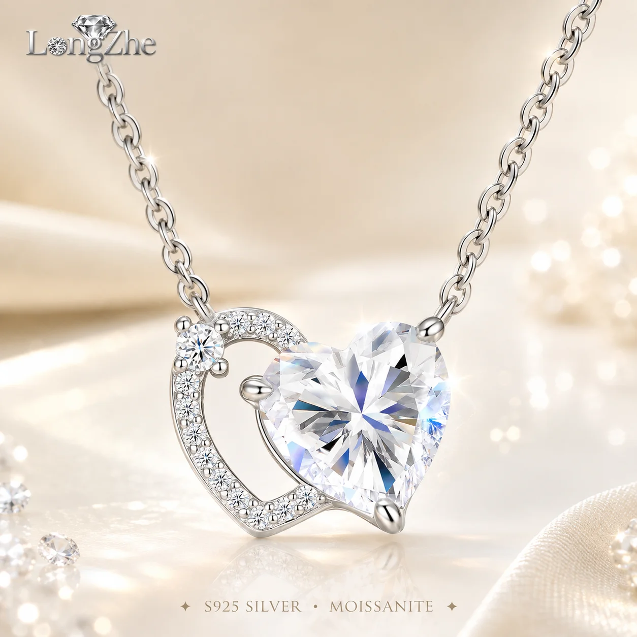 2CT Heart Cut Moissanite Pendant Necklace for Women S925 Sterling Silver Platinum Plated Double Heart Fine Jewelry D Color VVS1