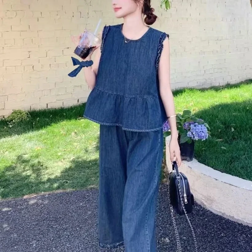 

Summer Fashion Blue Denim Suit Womens Set Casual Sleeveless Ruffles Vest Jacket + Wide Leg Trousers 2026 Clothing