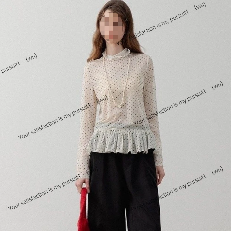 水玉模様のフリル付き長袖ニッチシックな重ね着風シャツシフォンシャツトップ