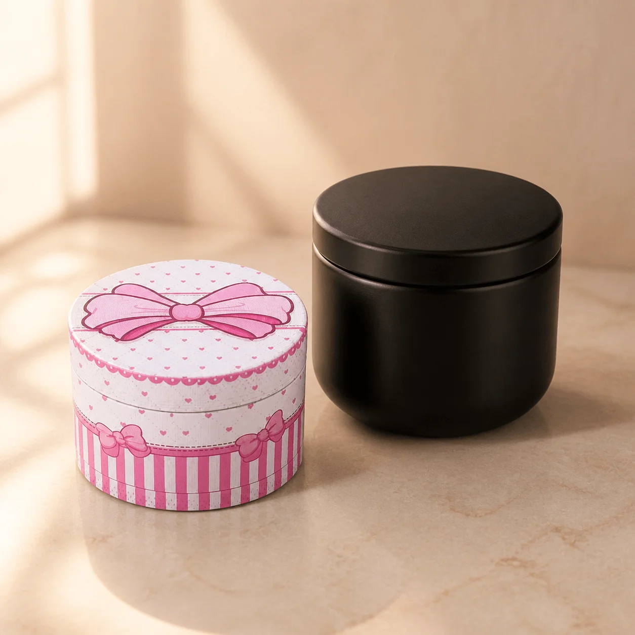 50mm Pink Bow Zinc Alloy Herb Grinder Four Layer Manual Tobacco Mill with Black Storage Jar Set Portable Smoking Accessories