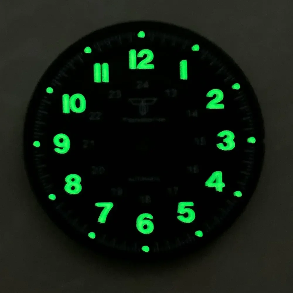 29mm Pilotenuhr-Zifferblatt mit schwarzen Zeigern für NH35 NH36 ETA2824 PT5000 ST2130 Miyota 8215, grün leuchtende Taucheruhr-Teile – Detail 1