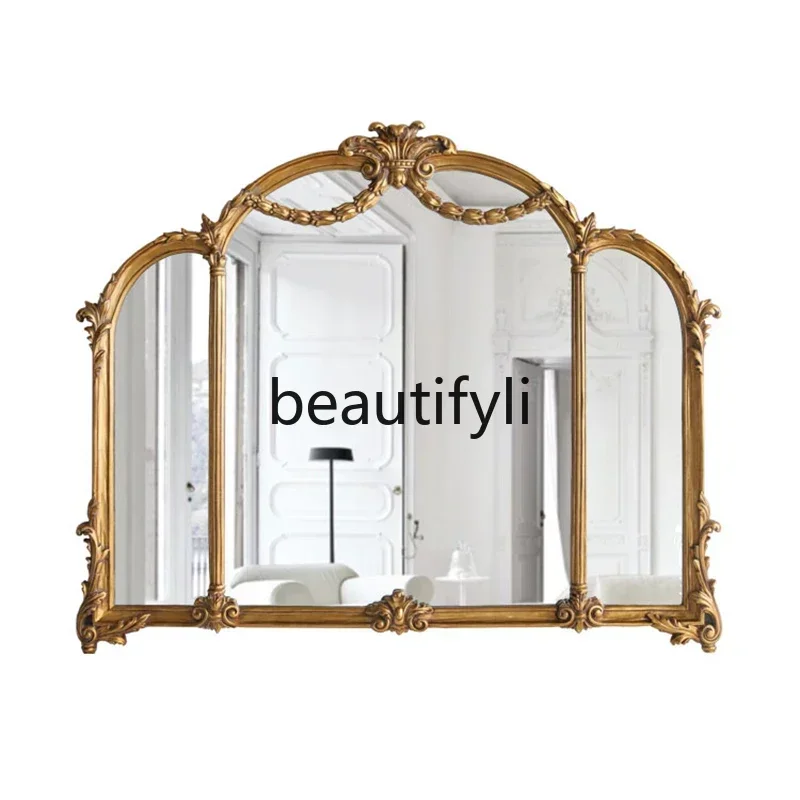 

XZZRetro European makeup mirror, wall-mounted bedroom mirror, entrance, living room engraved gold decorative mirror customizatio