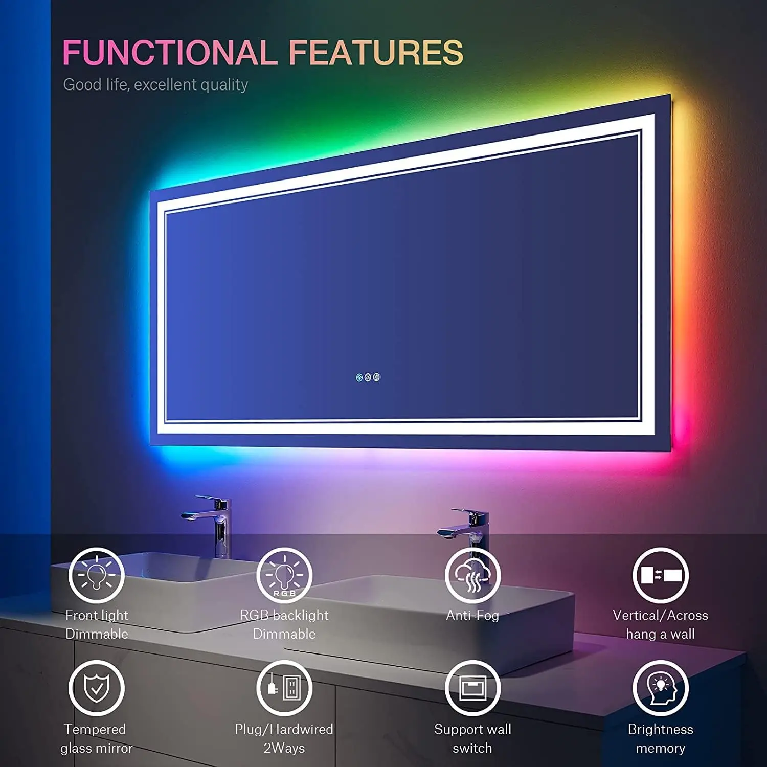 

Bathroom Mirror Dimmable Anti-Fog led Mirror for Bathroom (RGB Multicolor Backlit+Adjustable Front-Lighted)