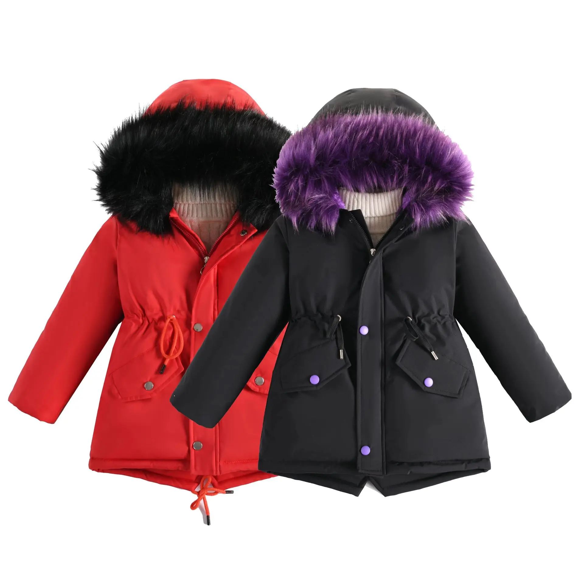 Children's winter cotton coat girls' thick plush solid color hooded keep warm coat medium large children's Parker clothing