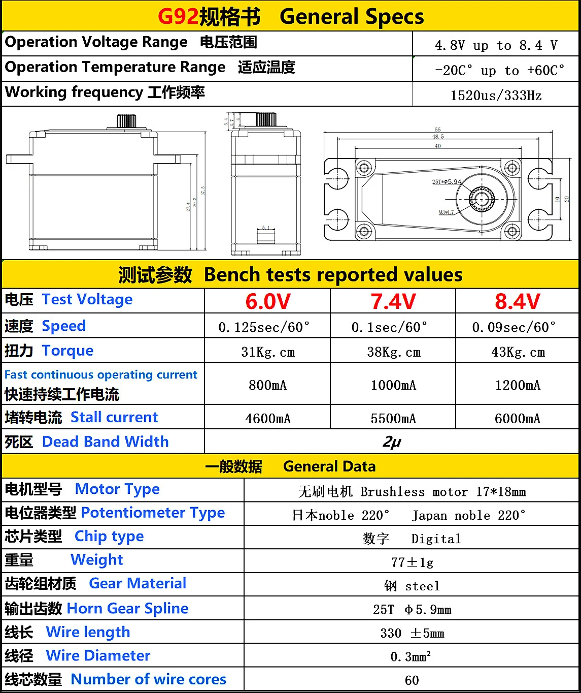 RC 헬리콥터용 표준 서보 스틸 기어, GDW G92 디지털 서보, 브러시리스 모터, 0.09s, 6.0V-8.4V, 43kg.cm