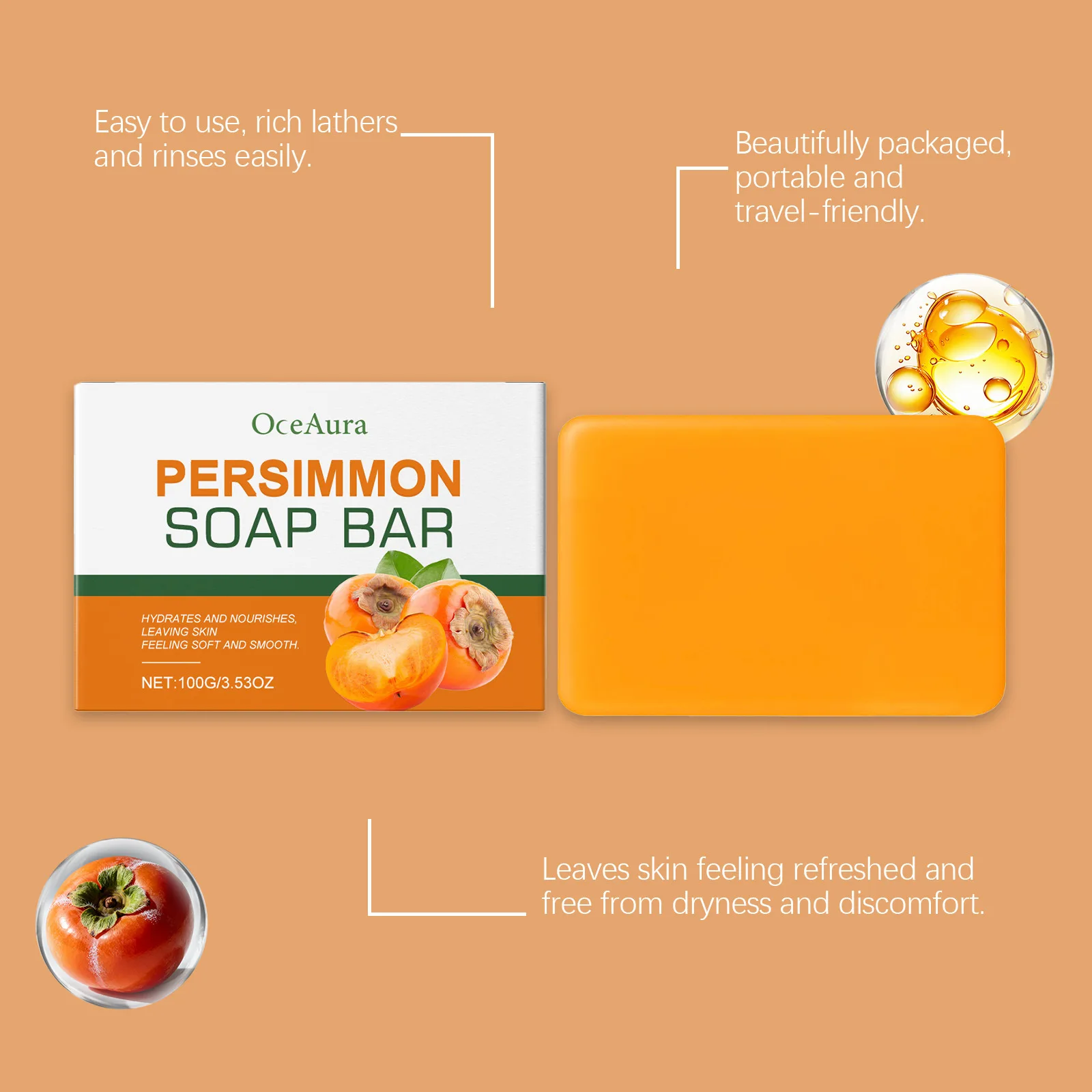 Natural Persimmon Soap Bar Deep Clean Oil Control Brightening Skin Deodorizing Anti Body Age Odor Face Body Bath Skin Care Soap