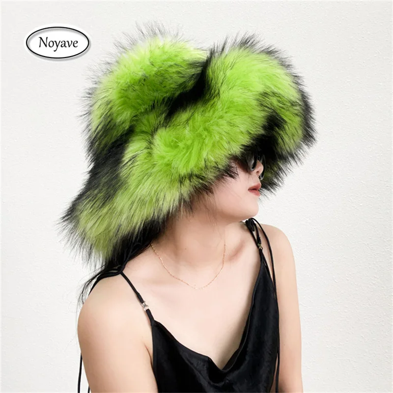 

Fluffy Faux Fur Bucket Hats y2k Women Raccoon Fur Hat Warm Thick Plush Winter Hat Lady Fashion Luxury Panama Furry Fisherman Cap