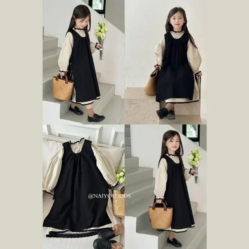 Children Clothes Set Girls Long Sleeved Dress 2024 New Spring and Autumn Korean Style Casual Simple Dress Two Piece Set