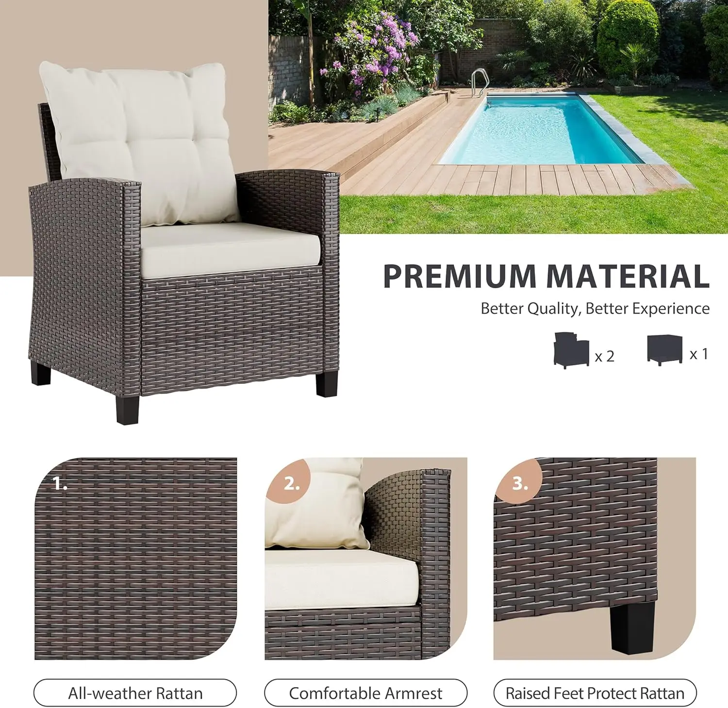 Beige compact 3-piece rattan wicker front porch bistro set with cushioned chairs and glass tabletop, lightweight outdoor furniture for lawn, garden, backyard, balcony and poolside view 3