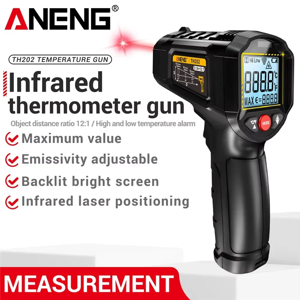 

ANENG TH202 Infrared Thermometer Hygrometer Non-contact Sensing -50~600℃ Temperature Gun LCD Backlit Display Screen Pyrometer Te