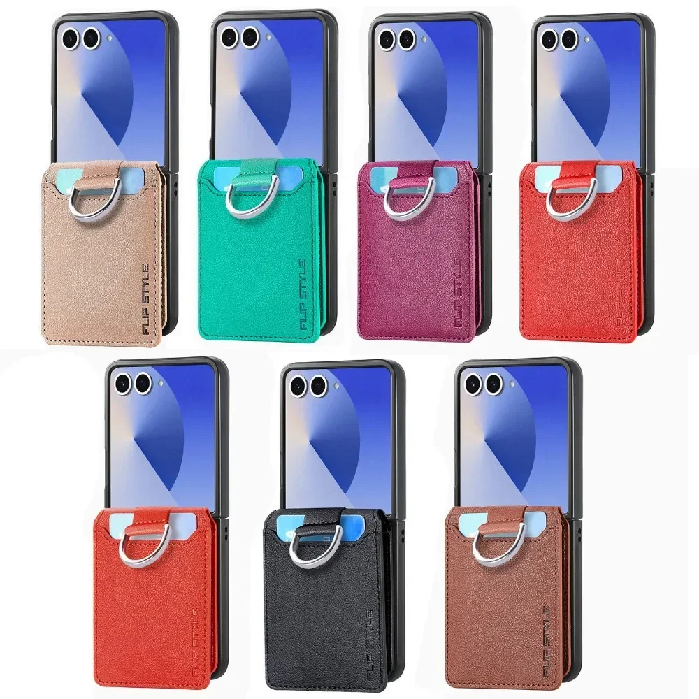 Lychee Pattern Leather Wallet For Samsung Galaxy Z Flip 7 fe 6 5 4 3 2 1 Flip7 Flip6 Flip5 5G Phone Case with Ring Card Holder